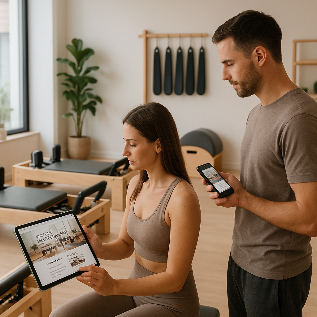 Personas usando dispositivos móviles para consultar la web de un estudio boutique moderno