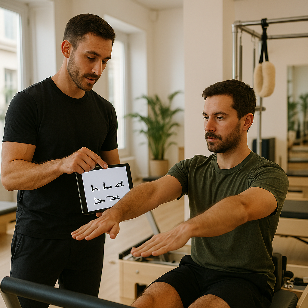 Entrenador enseñando rutina en tablet a socio en estudio de Pilates moderno
