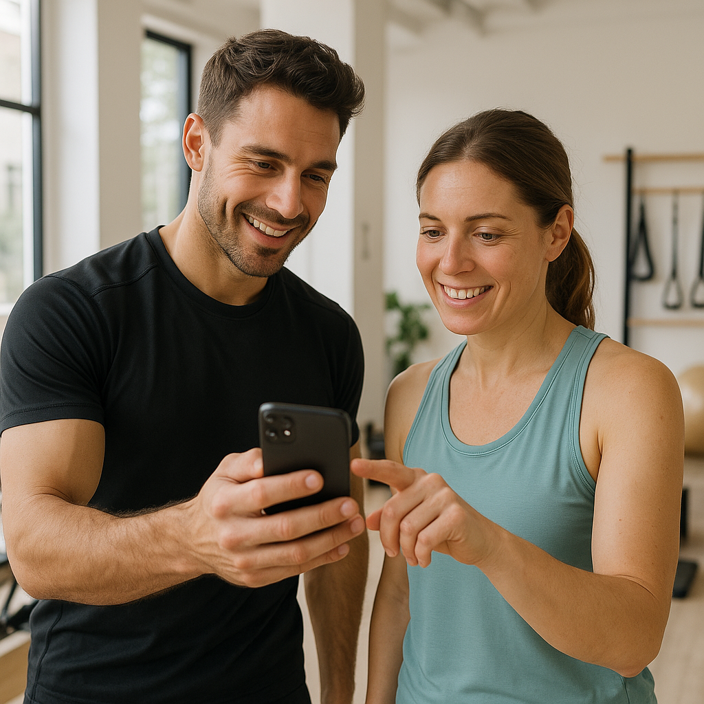 Entrenador y socio usando una app móvil para reservar clases en un estudio boutique de Pilates