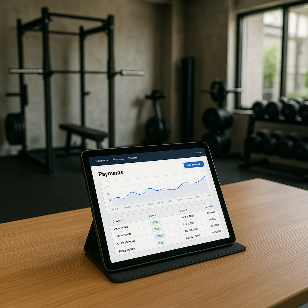 Dispositivo con pantalla de gestión de cobros online en un centro de entrenamiento pequeño