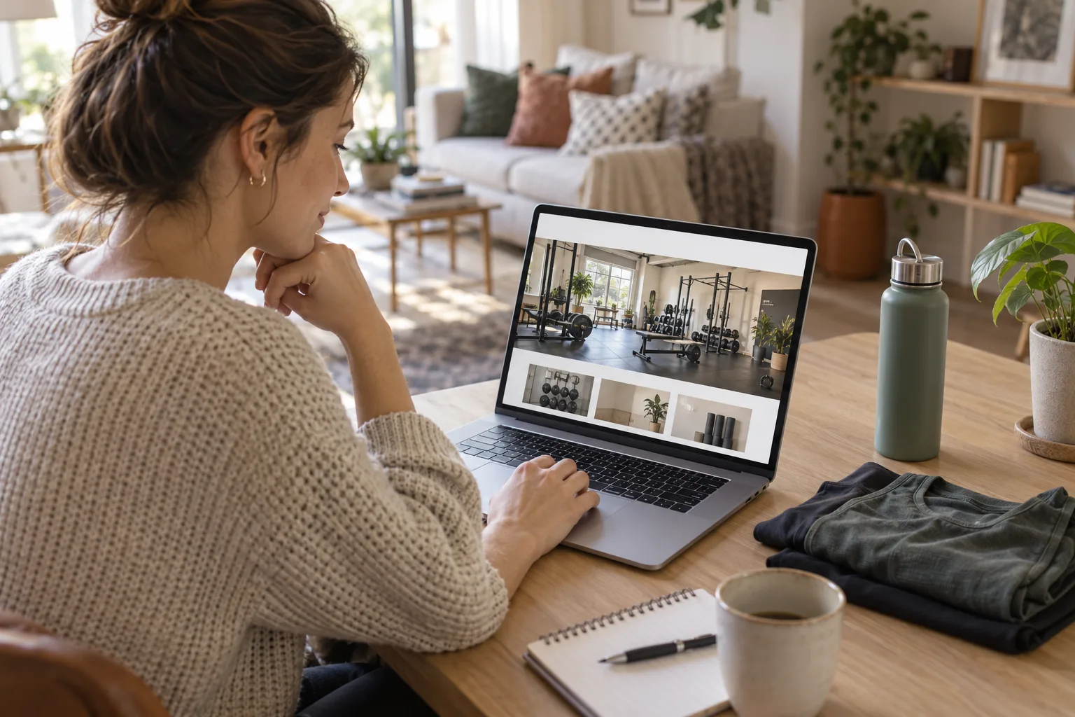 Una mujer consulta desde casa la web de un estudio de entrenamiento en su portátil. Imagen generada con IA.