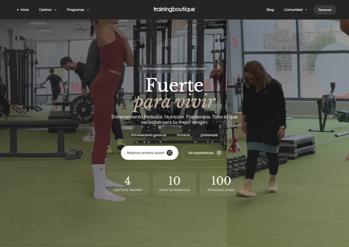 Captura de la web de Training Boutique