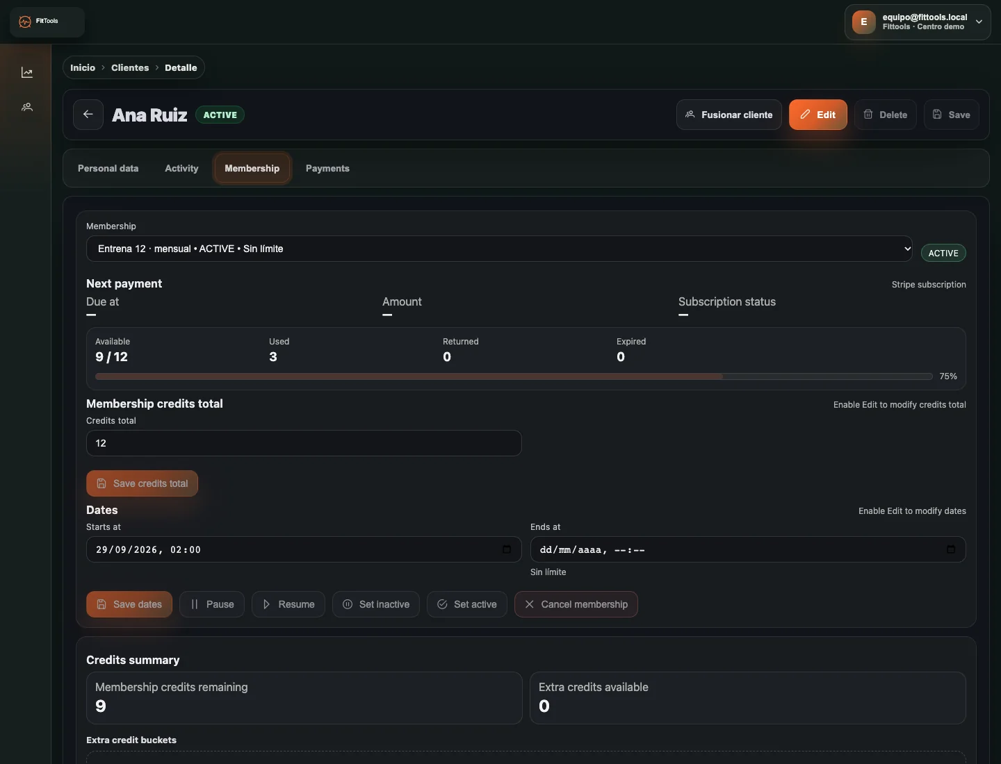 CRM de Fittools: clientes, con datos de demostración
