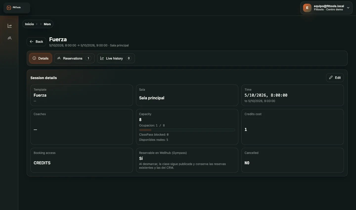 CRM de Fittools: clases, con datos de demostración