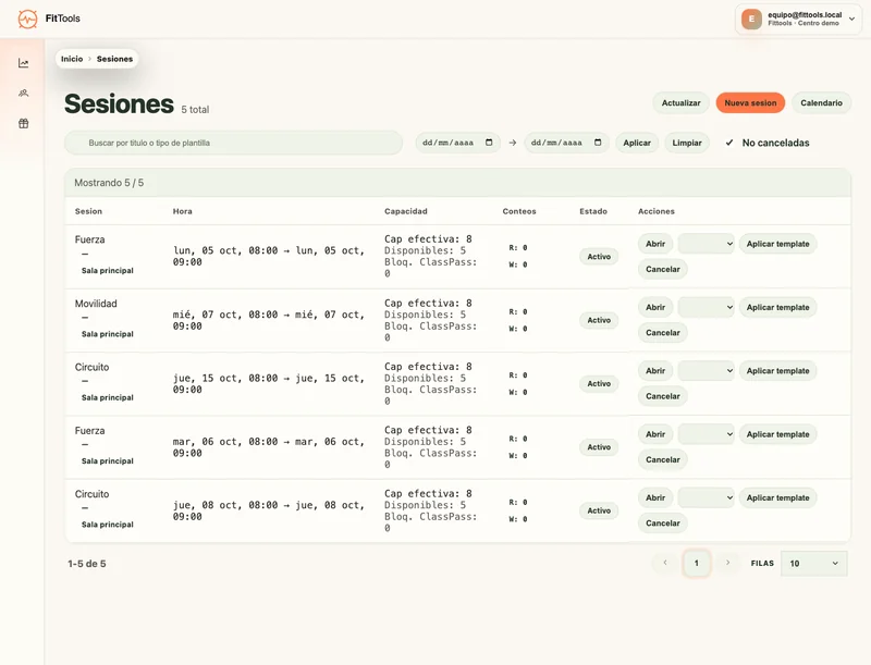 Calendario de sesiones de entrenamiento en FitTools