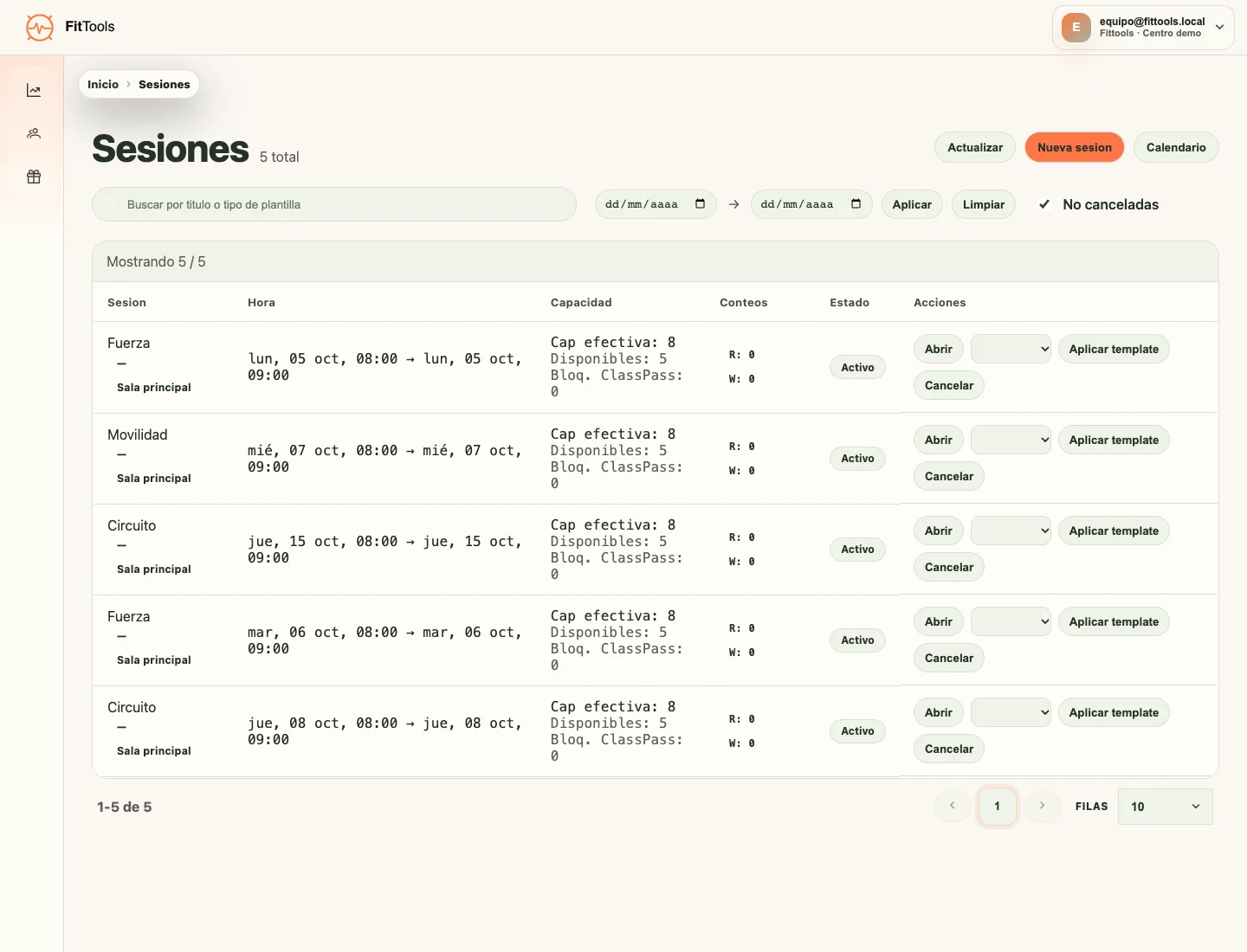 CRM real de Fittools: listado de sesiones con sala, horario, capacidad y reservas.